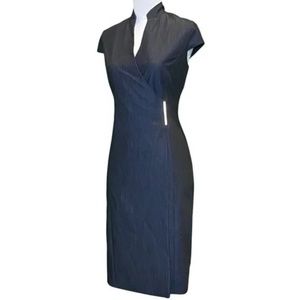 Calvin Klein Cap Sleeve Band Collar Side Buckle Blue Denim Look Wrap Dress Sz 4